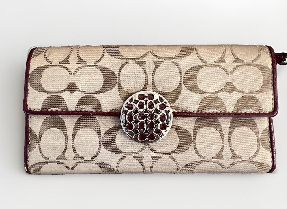Coach Alexandra Signature C Jacquard Wallet Tan Burgundy Long Snap Closure